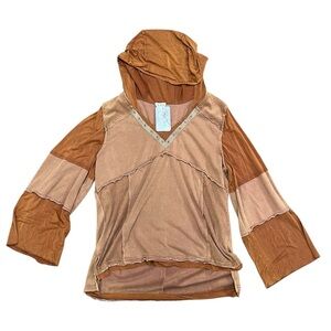 P O L Boutique Hooded Top Boho Hippie NWT Patchwork Hi-Lo Flowy